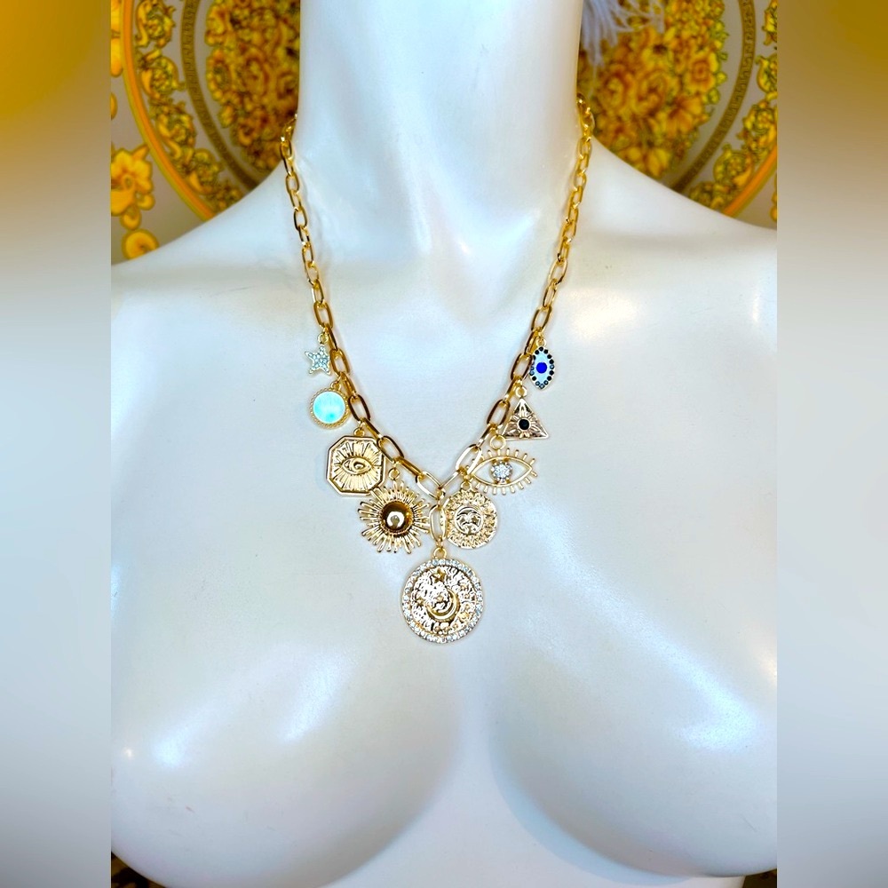 18k gold plated Celestial charm 🌞 🌙 🧿 paperclip medallion 16” to 18” necklace - Picture 3 of 5
